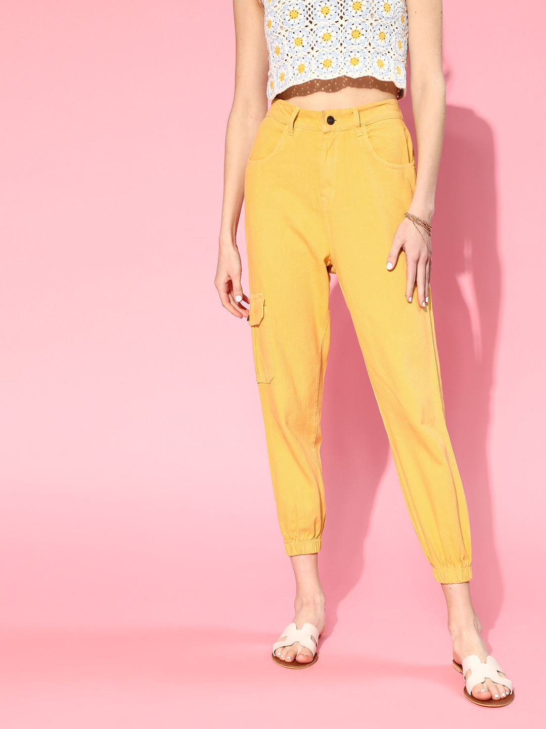 Buy SASSAFRAS Women Mustard Yellow Jogger High Rise Jeans Jeans for