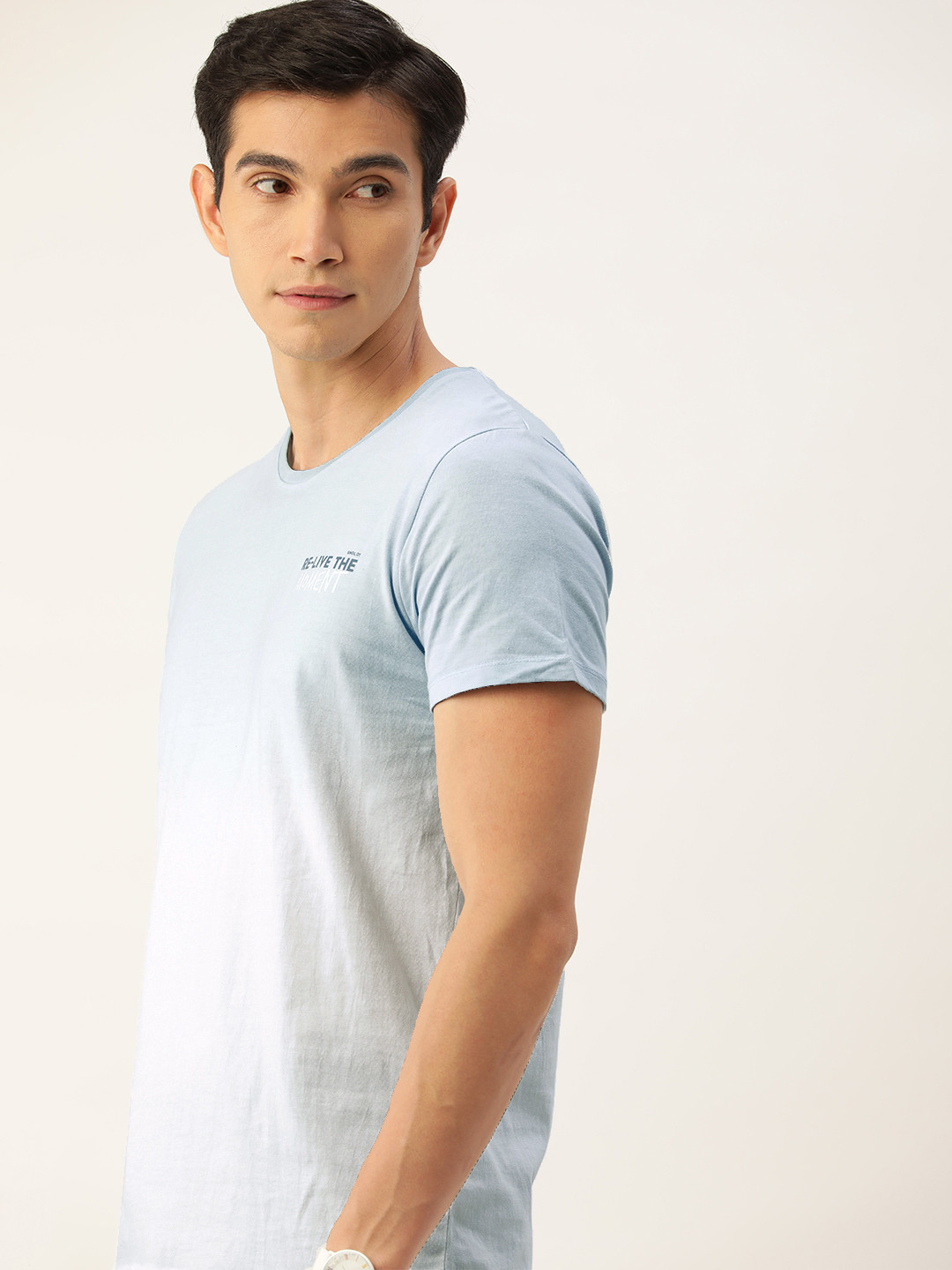 Buy SINGLE Men Blue & White Tie And Dye Print Detail Pure Cotton Slim