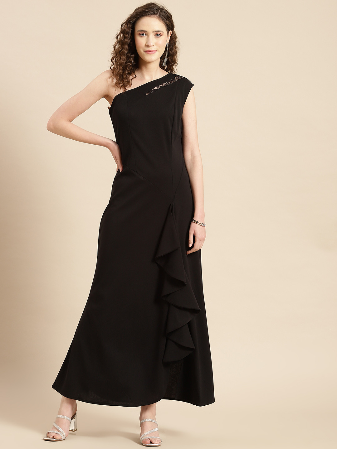 Buy WoowZerz Black Solid One Shoulder A Line Maxi Dress Dresses For 