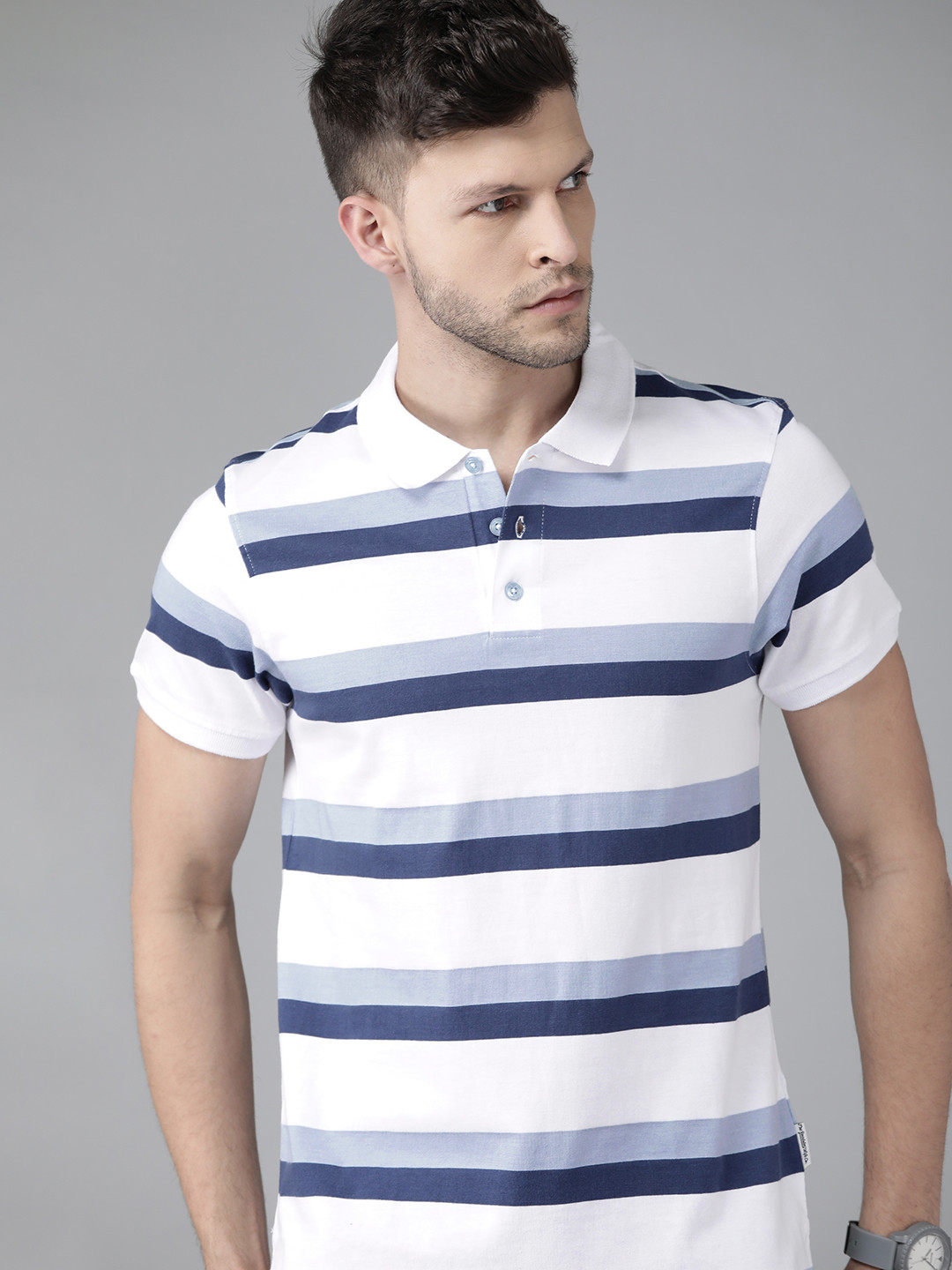 Buy Roadster Men White & Blue Striped Polo Collar Pure Cotton T Shirt ...