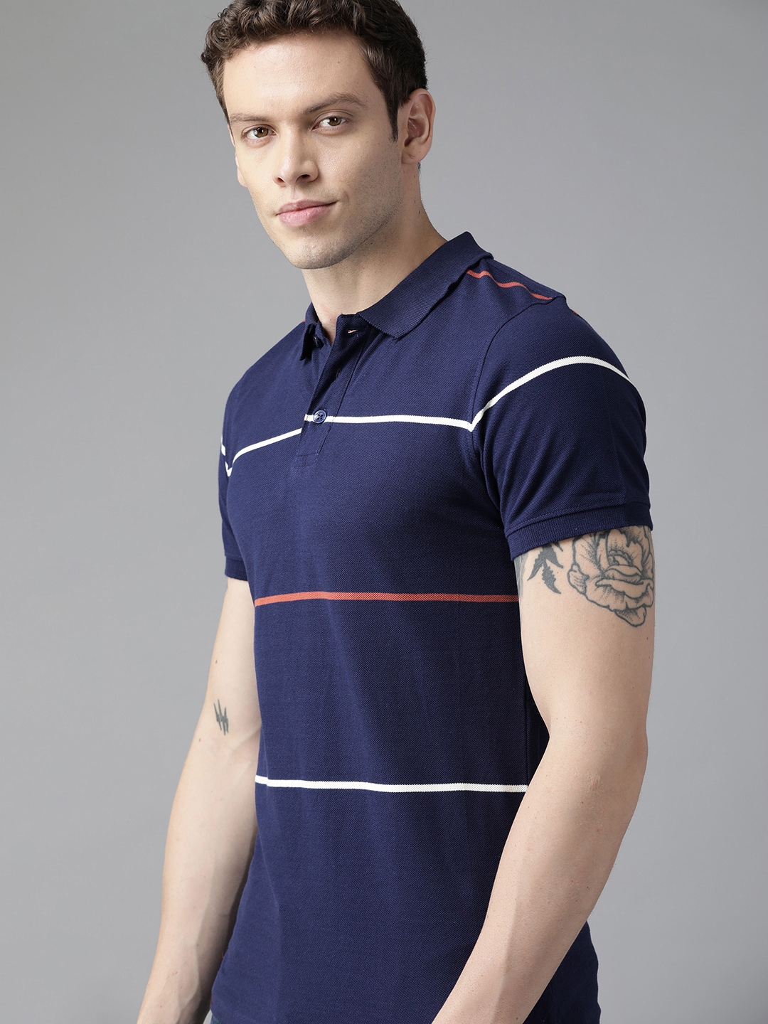 Buy Roadster Men Navy Blue Striped Polo Collar Pure Cotton T Shirt ...