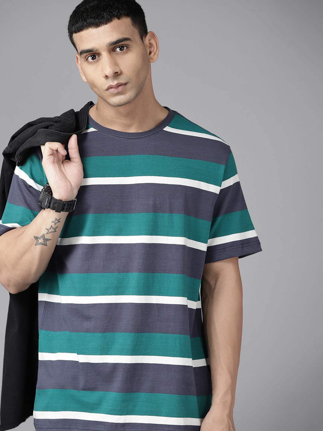 Buy Roadster Men Navy Blue & Green Striped Pure Cotton T Shirt