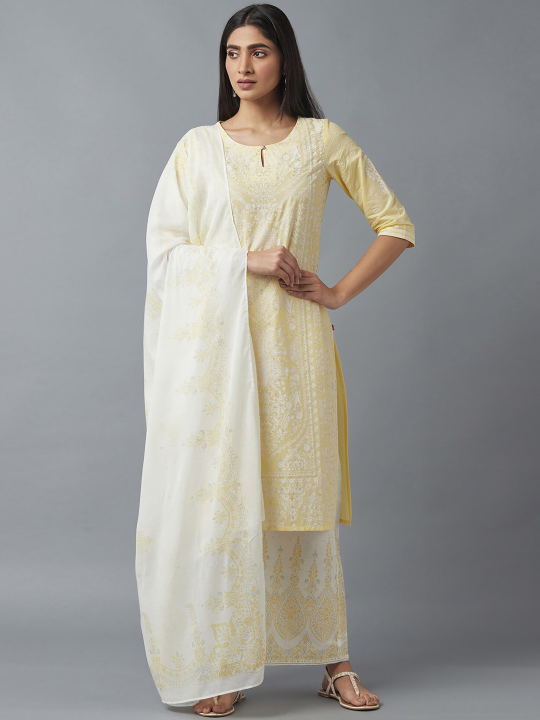 Women Yellow Pure Cotton Jacquard Work Kurti With Pant And Duppata Set