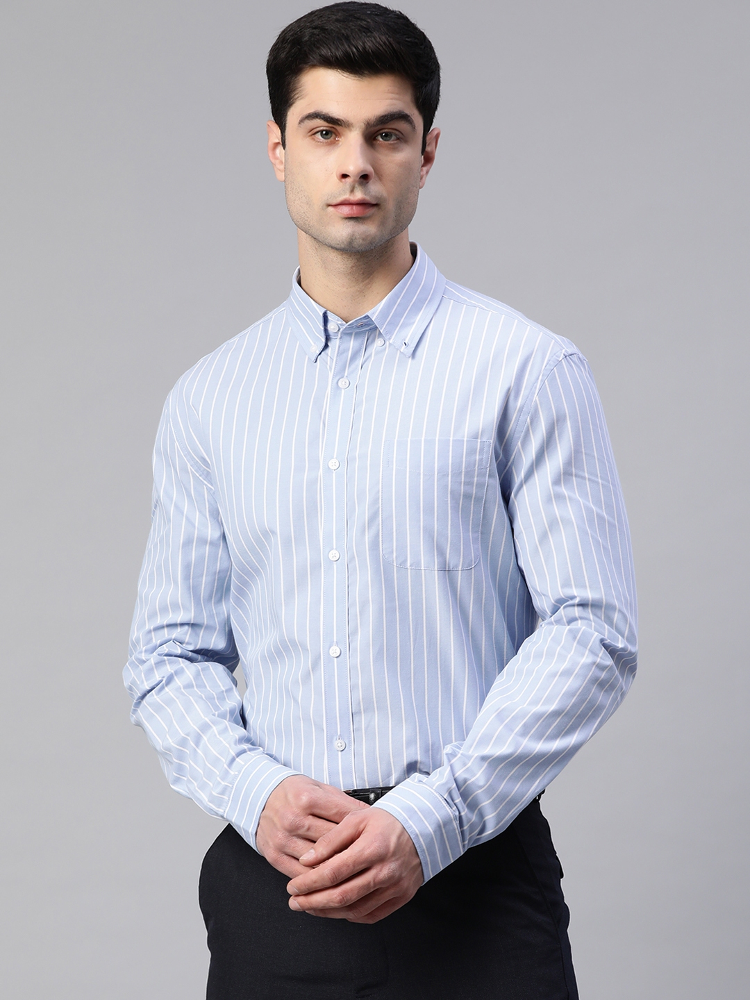 Buy Marks & Spencer Men Blue Striped Pure Cotton Formal Shirt - Shirts ...