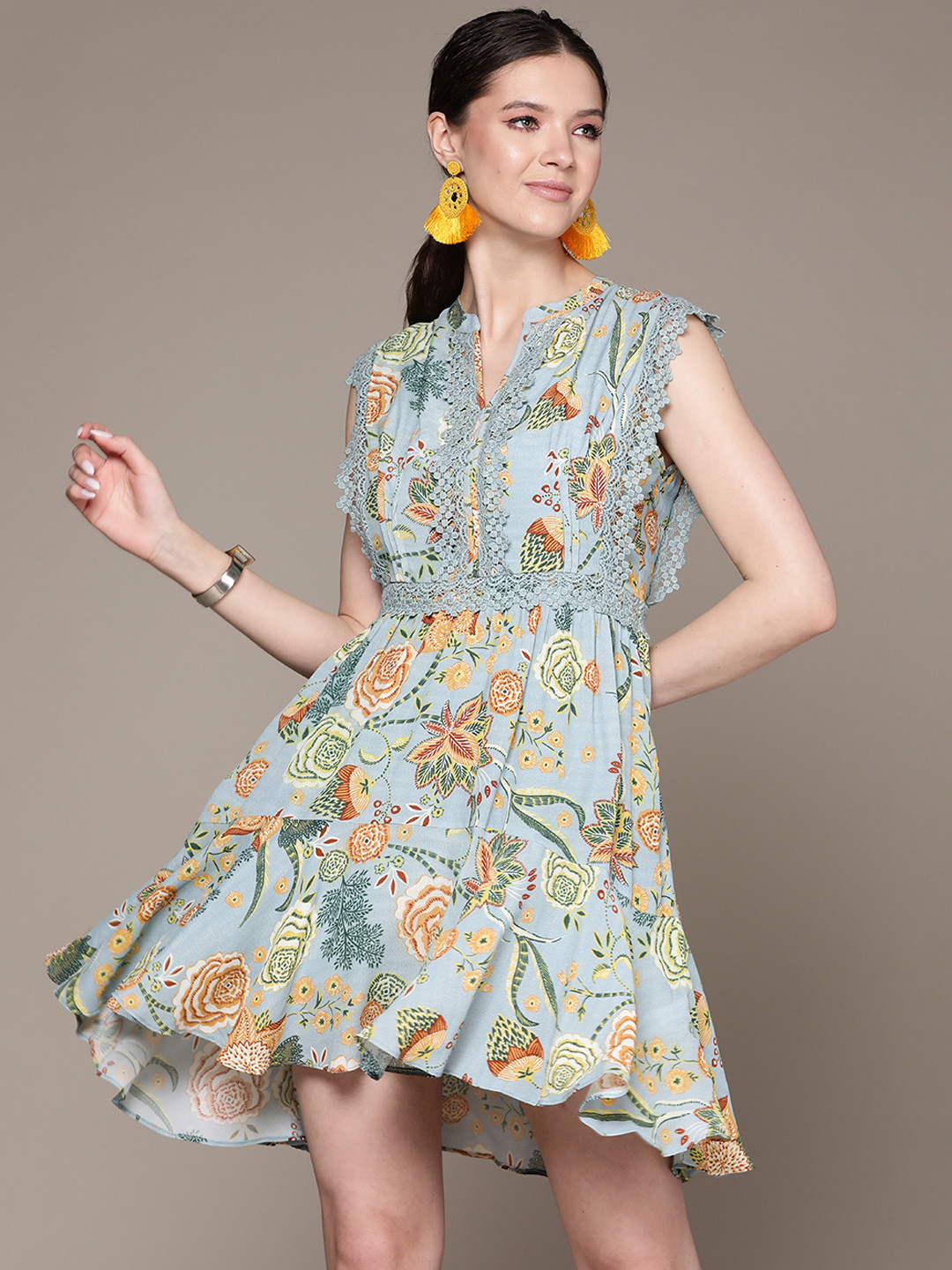Buy Label Ritu Kumar Blue & Green Floral Print Mandarin Collar Lace Inserts Crepe Mini Dress 