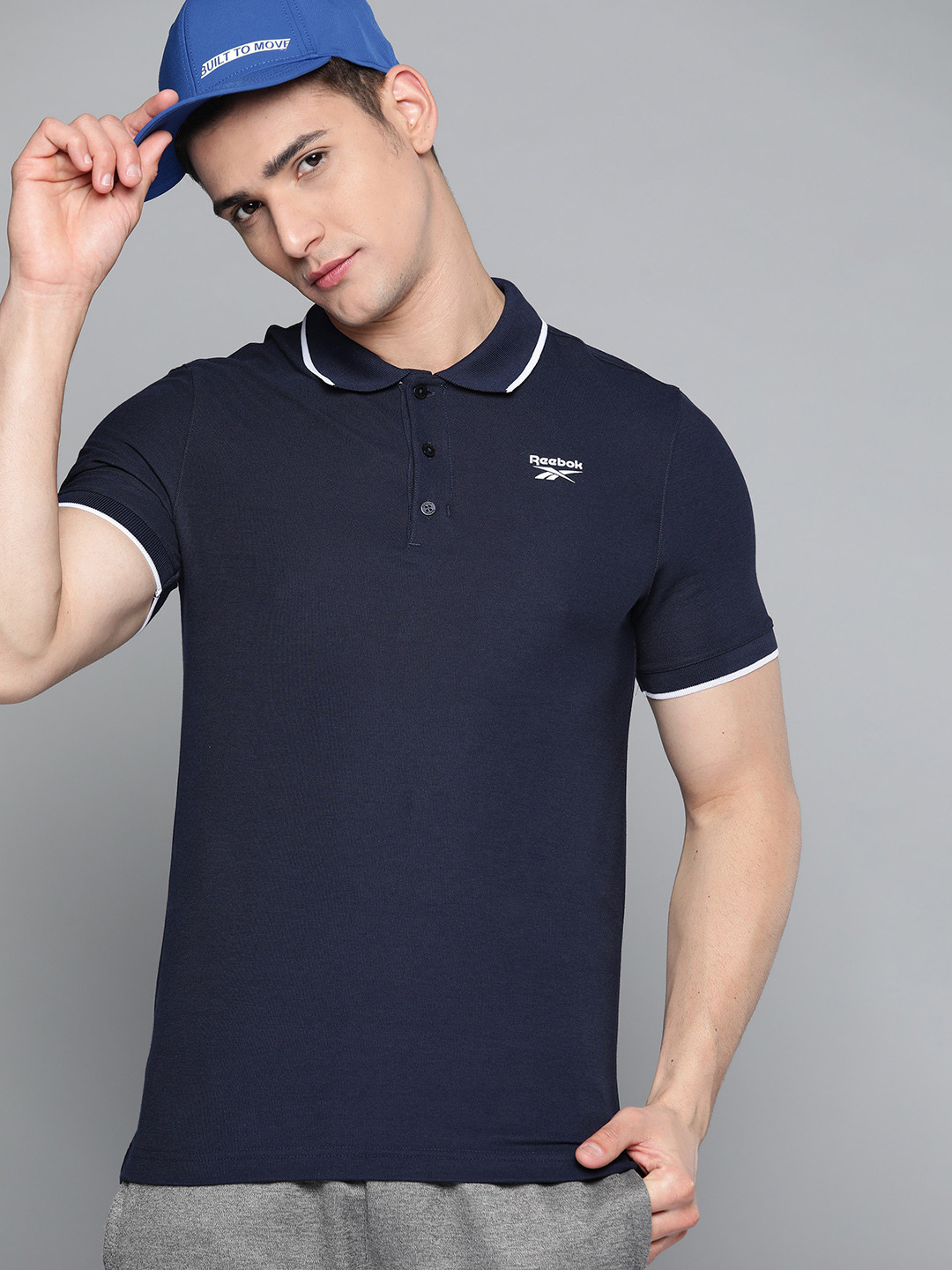 Buy Reebok Men Navy Blue Printed Polo Collar Slim Fit Training Or Gym T