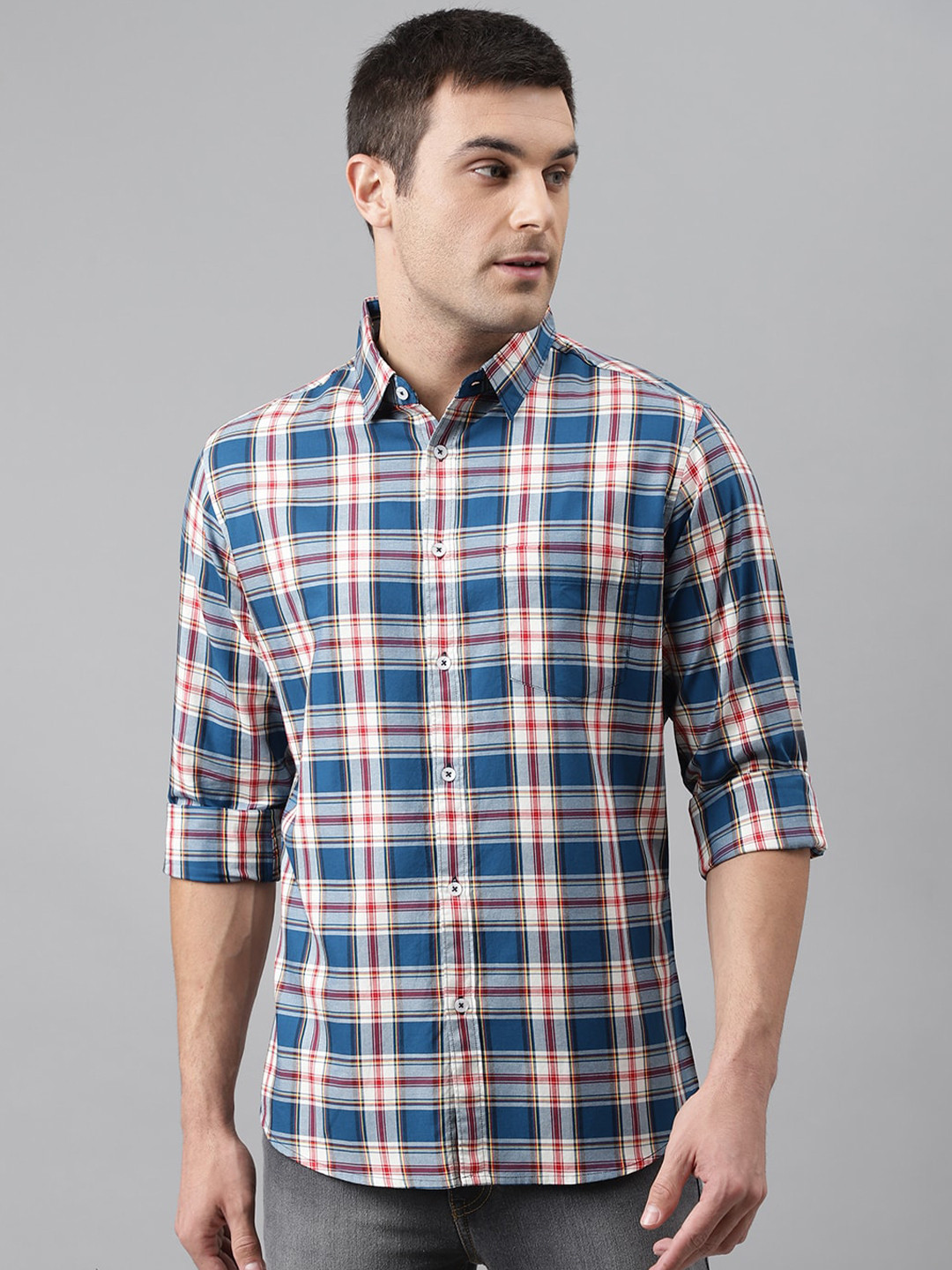 Buy Dennis Lingo Men Blue Comfort Slim Fit Tartan Checked Casual Shirt