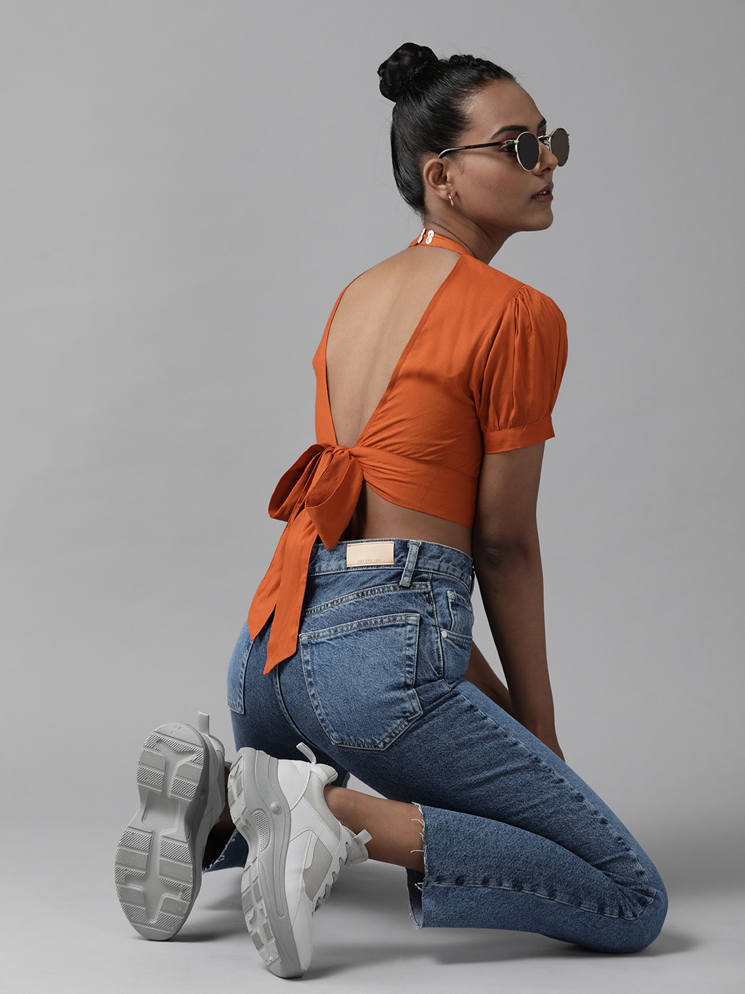Buy The Dry State Rust Orange Mandarin Collar Crop Top With Styled Back