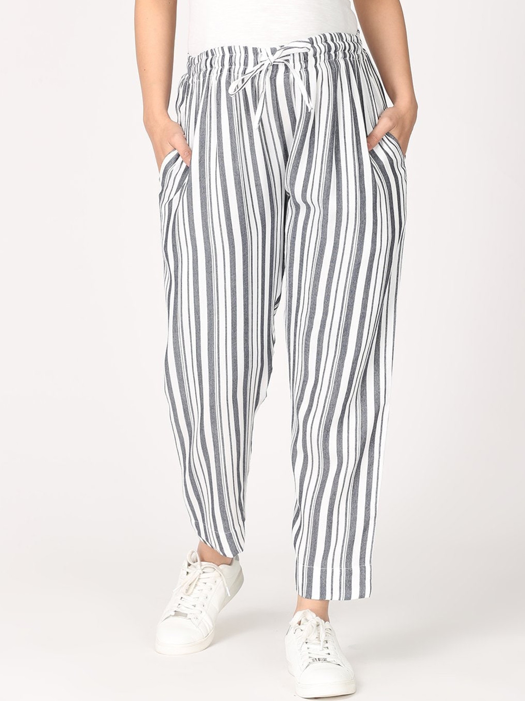 Buy The Mom Store Women Grey Striped Maternity Pleated Joggers Trousers