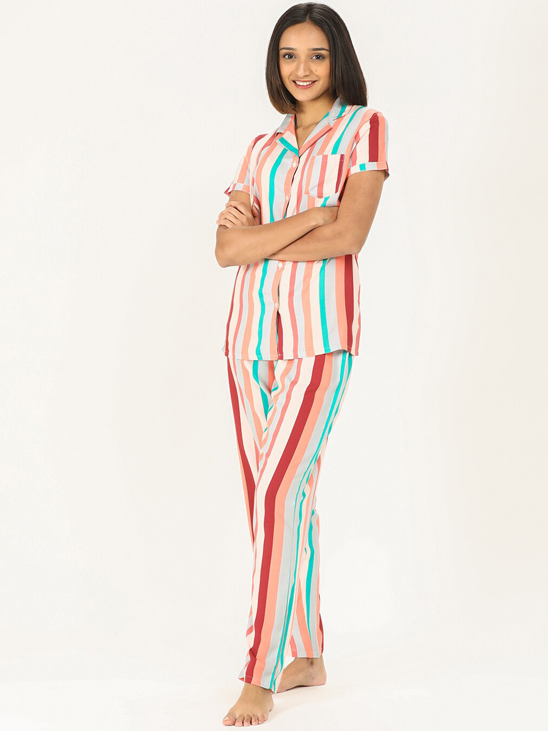 Women Pink & Off-White Striped Night Suit Set