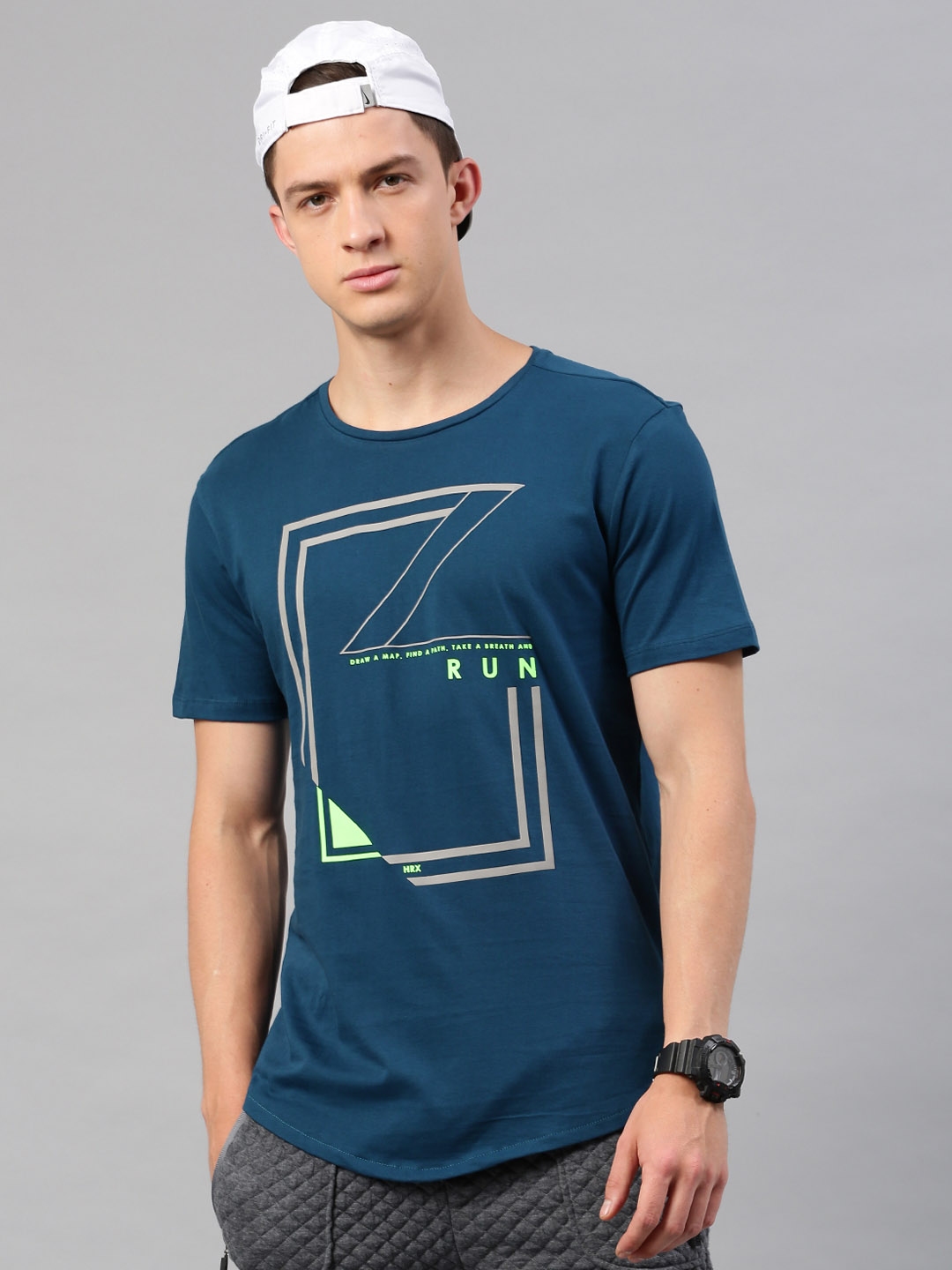 Buy HRX By Hrithik Roshan Men Teal Blue Printed Cotton Pure Cotton T ...
