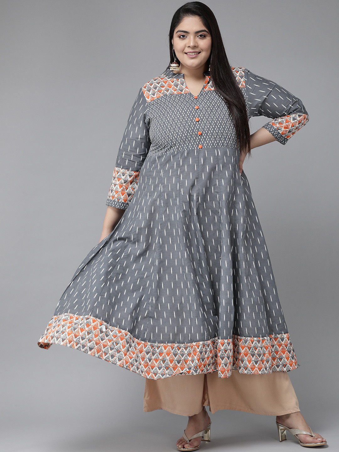 Yash Gallery Women's Grey Floral Printed Anarkali Kurti - 48" Long Rayon Kurta With Keyhole Neck