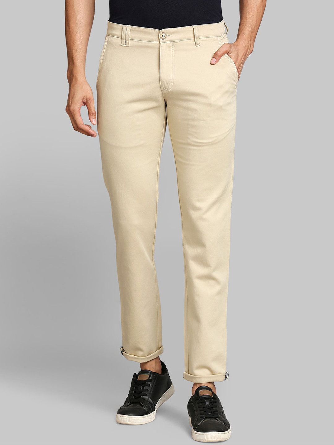 Buy Parx Men Cream Solid Tapered Fit Trousers - Trousers for Men ...