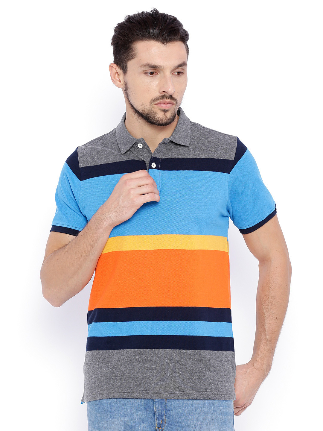 Download Buy Basics Men Grey Melange & Blue Striped Muscle Fit Polo ...