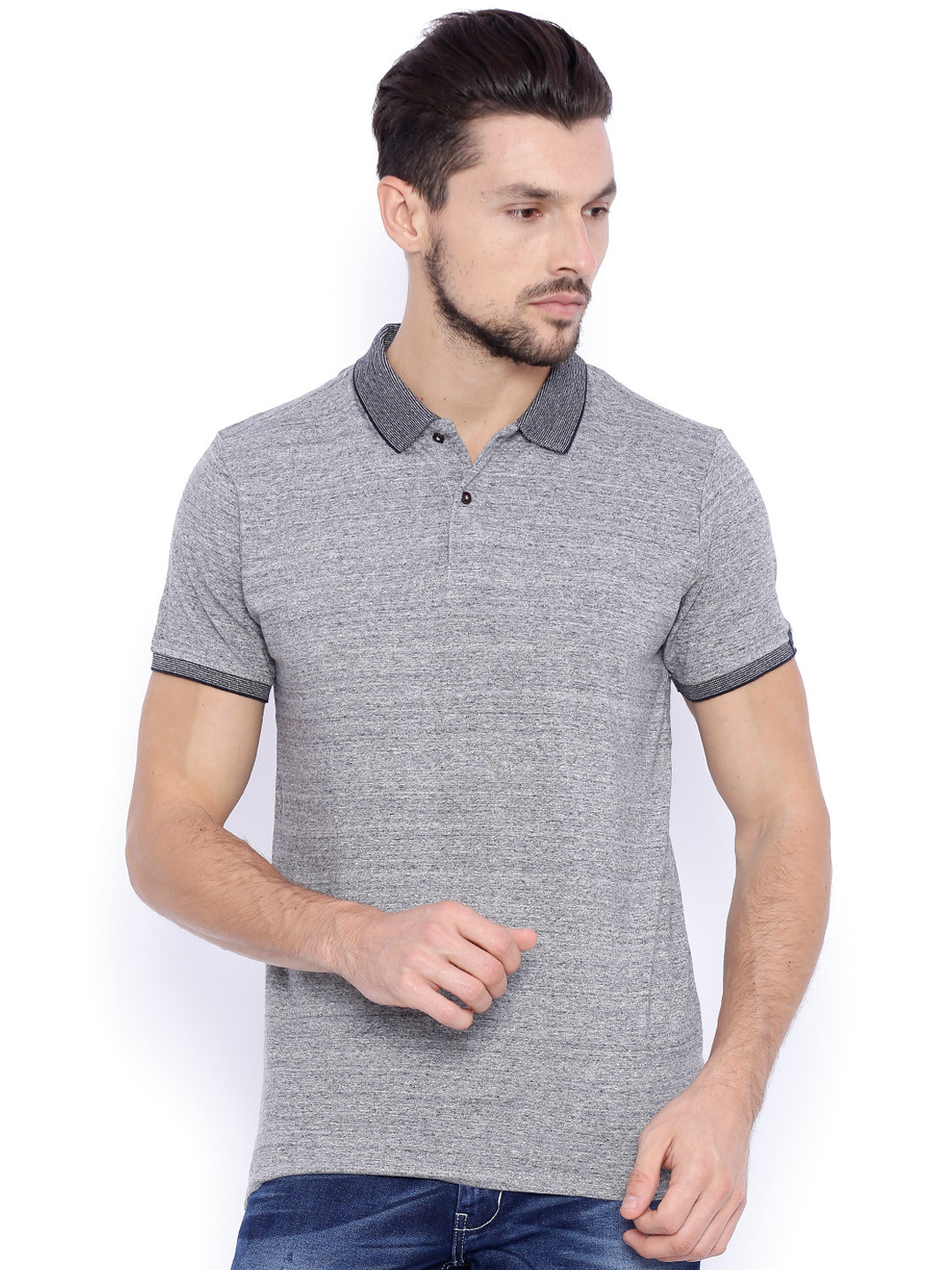 Download Buy Basics Men Grey Melange Solid Muscle Fit Polo T Shirt ...