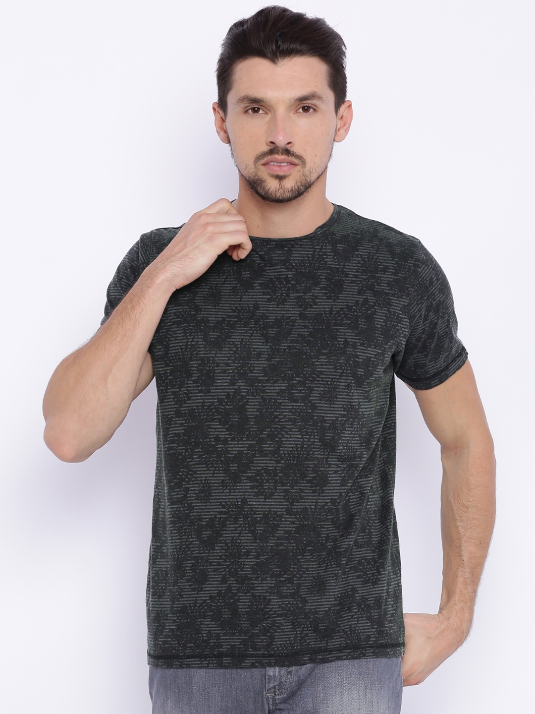 Buy Basics Men Grey Printed Slim Fit Round Neck T Shirt - Tshirts for ...