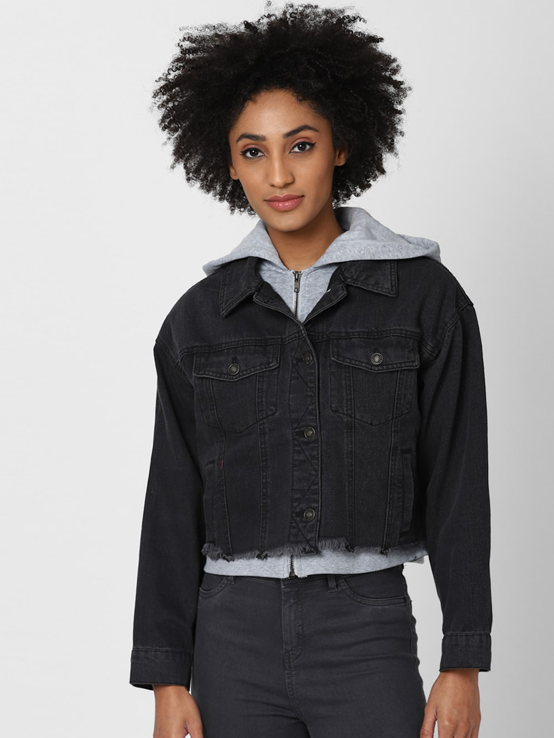 Buy FOREVER 21 Women Black Washed Striped Crop Denim Jacket Jackets