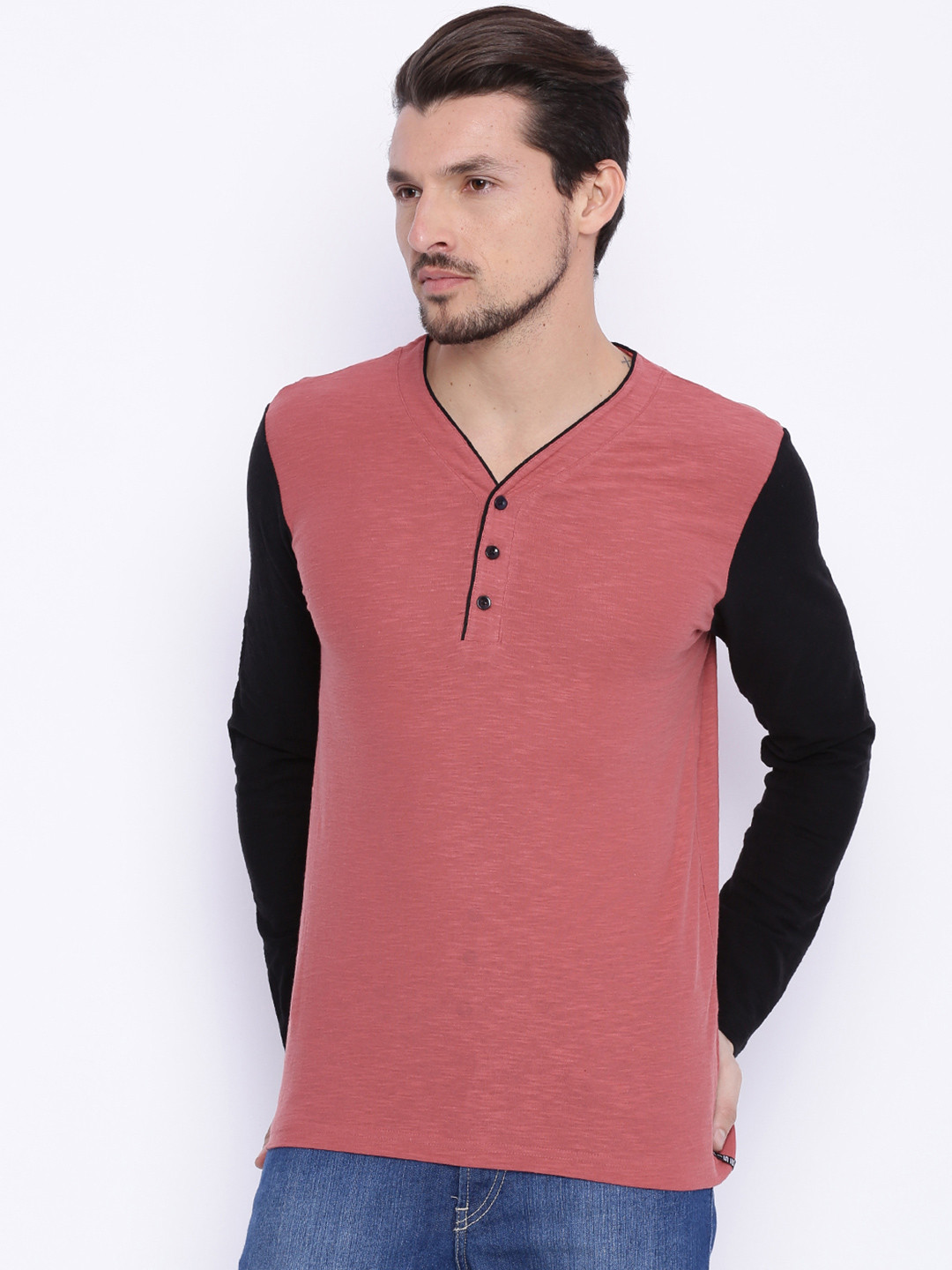 Buy ARISE Men Pink Solid Henley Neck T Shirt Tshirts for Men 1702186