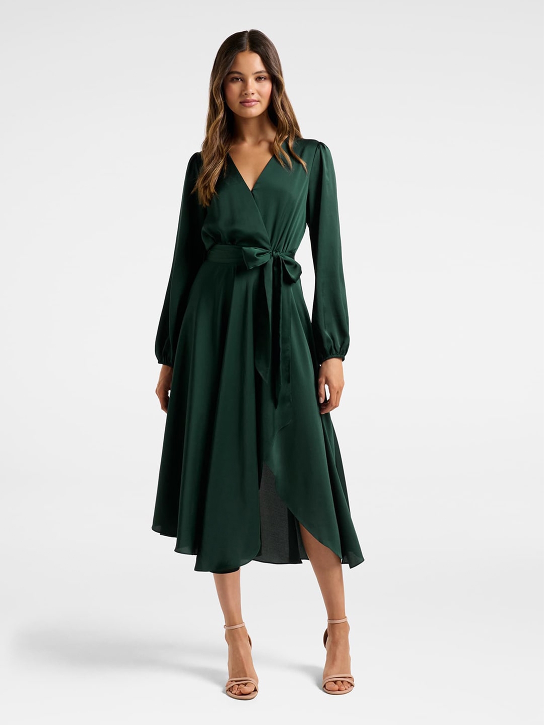 Buy Forever New Green Satin Wrap Midi Dress - Dresses for Women ...