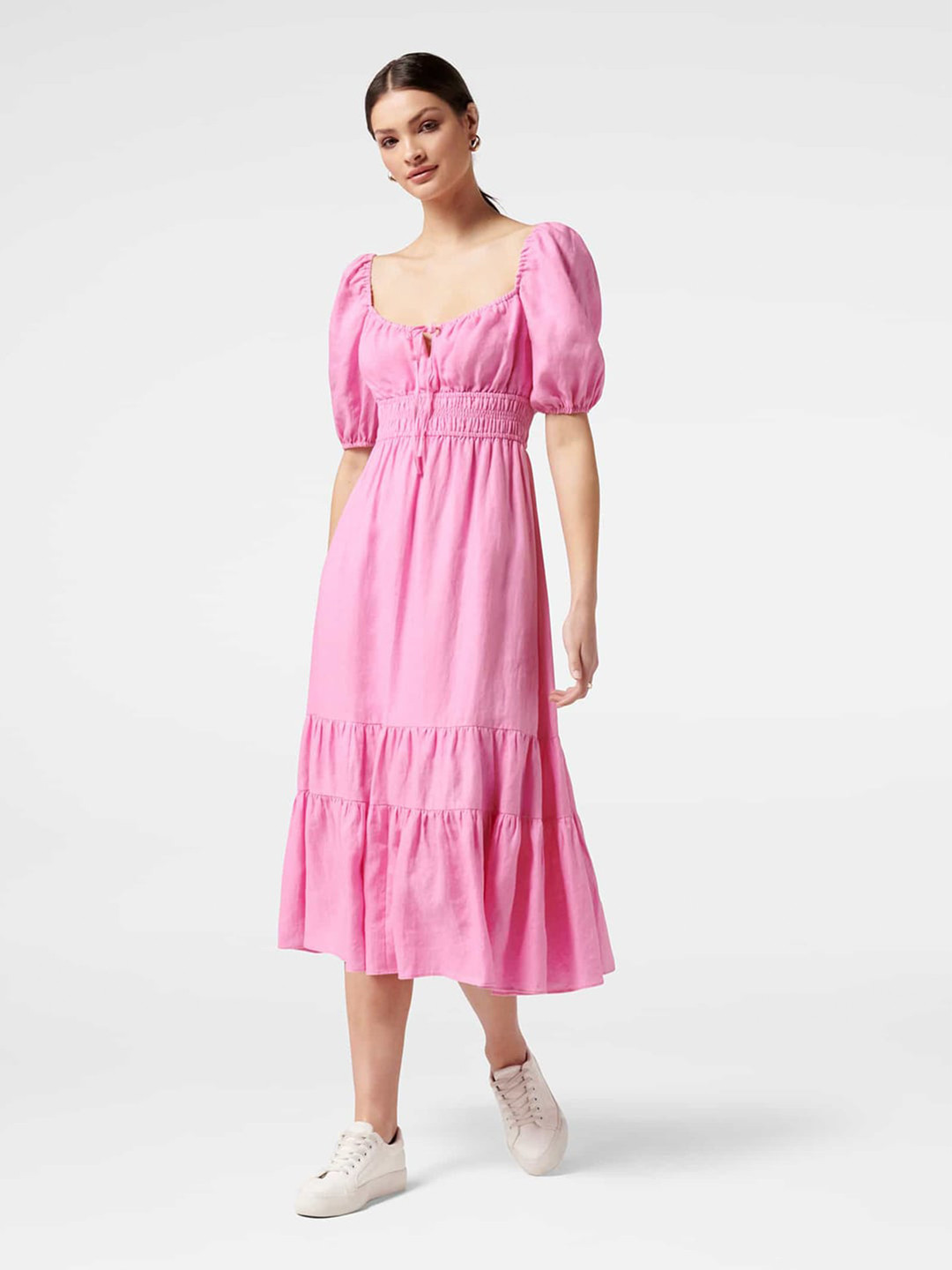 Indo Era Pink Printed Fit & Flare Midi Dress