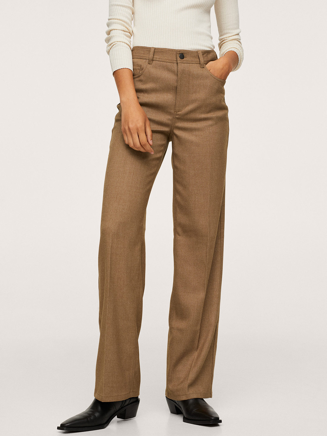 Buy MANGO Women Brown Solid High Rise Straight Trousers Trousers for