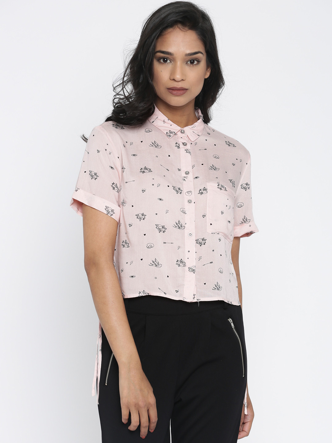 Buy ONLY Women Peach Coloured Regular Fit Printed Casual Shirt Shirts