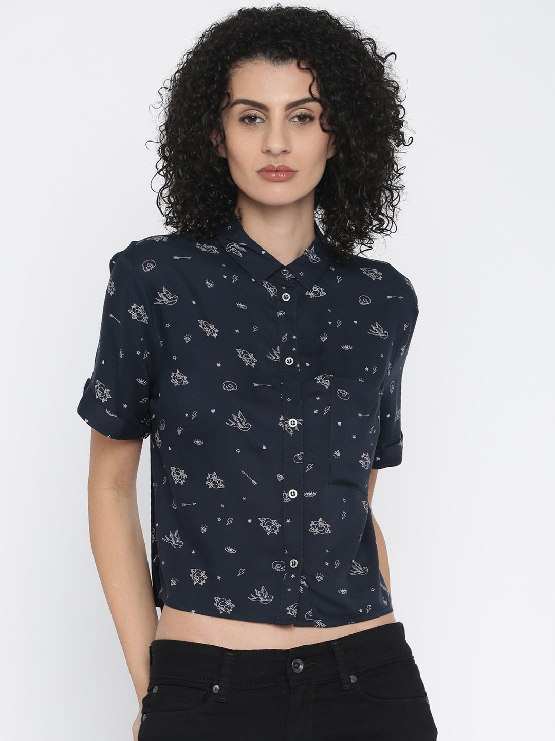 Buy ONLY Women Navy Blue Regular Fit Printed Casual Shirt - Shirts for ...