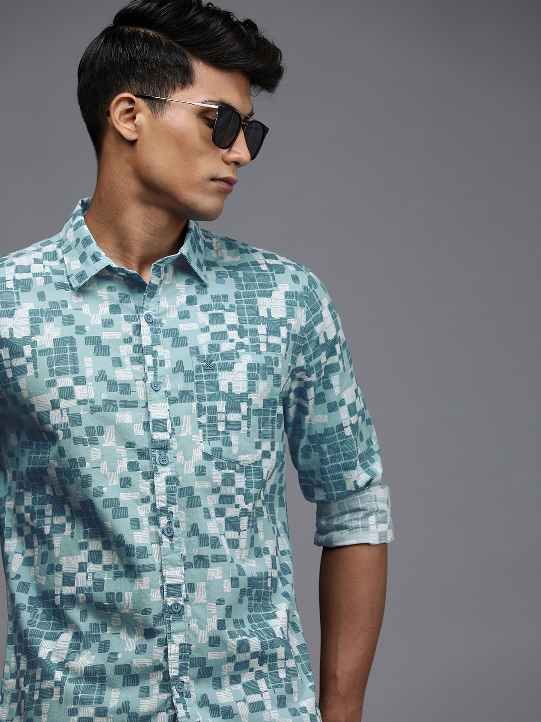 Printed Solid White Fabric with Sky Blue Geometric Pattern Classic Custom Shirt main image 0