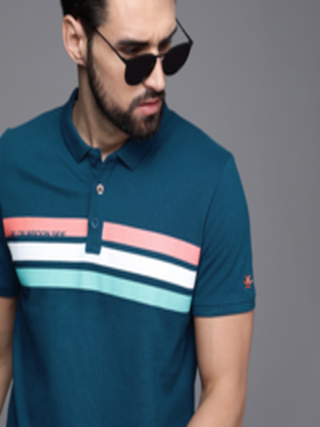 Buy WROGN Men Teal Blue Striped Polo Collar Slim Fit Pure Cotton T ...