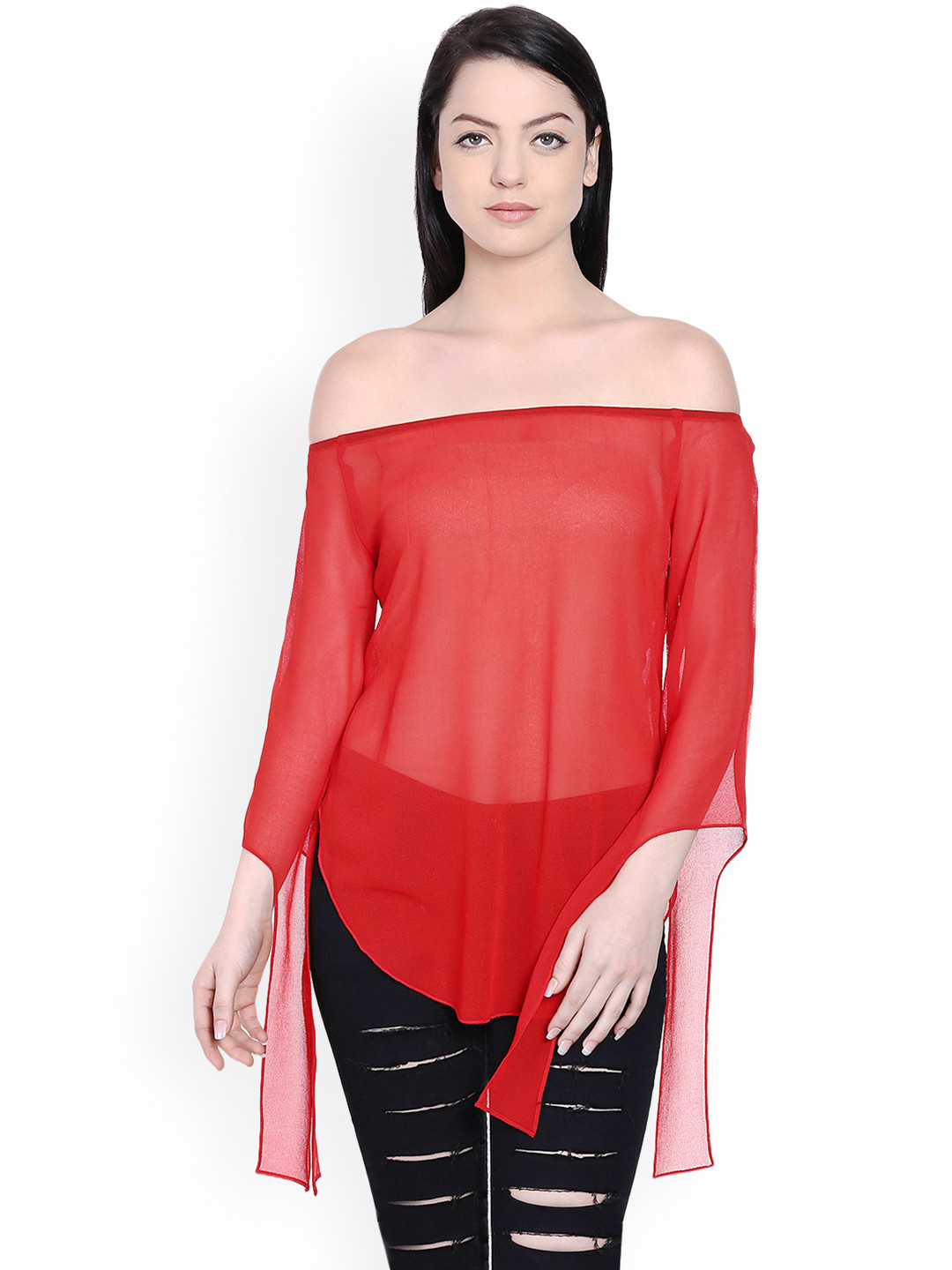 Buy Style Quotient Women Red Solid Sheer Off Shoulder Top Tops for