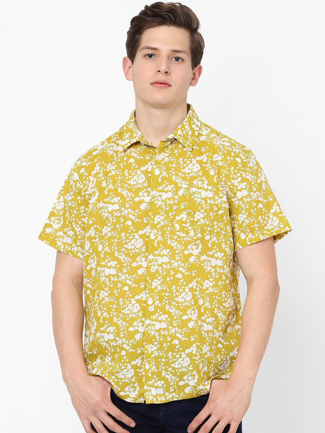 Buy Celio Men Mustard Yellow Floral Printed Casual Linen Shirt Shirts