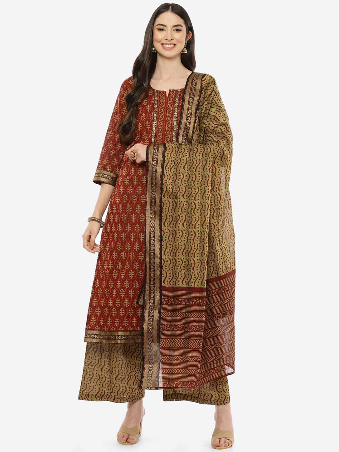Buy Biba Red & Gold Toned Ethnic Motifs Printed Pure Cotton Unstitched