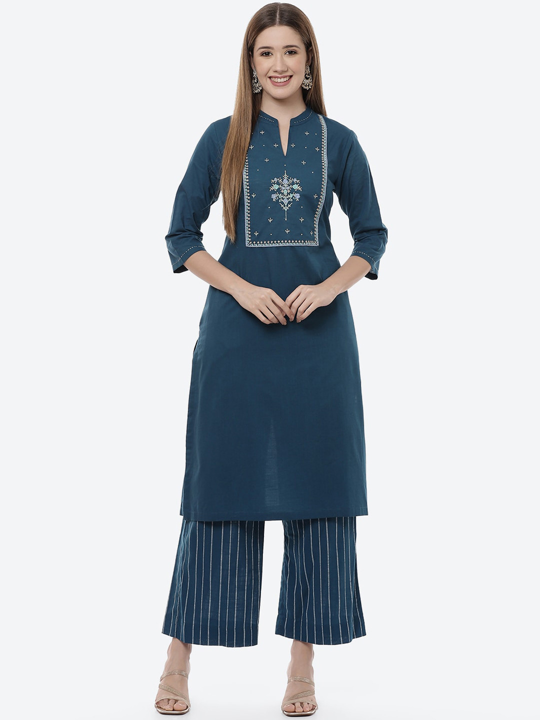 Buy Biba Women Teal Floral Embroidered Pure Cotton Kurta With Palazzos