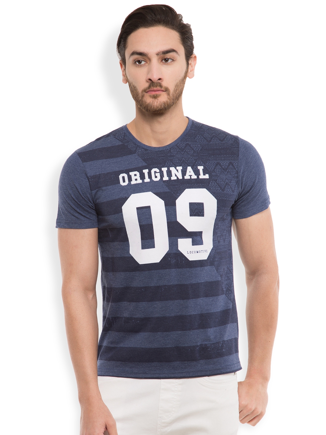 Buy LOCOMOTIVE Men Blue Striped Round Neck T Shirt - Tshirts for Men ...