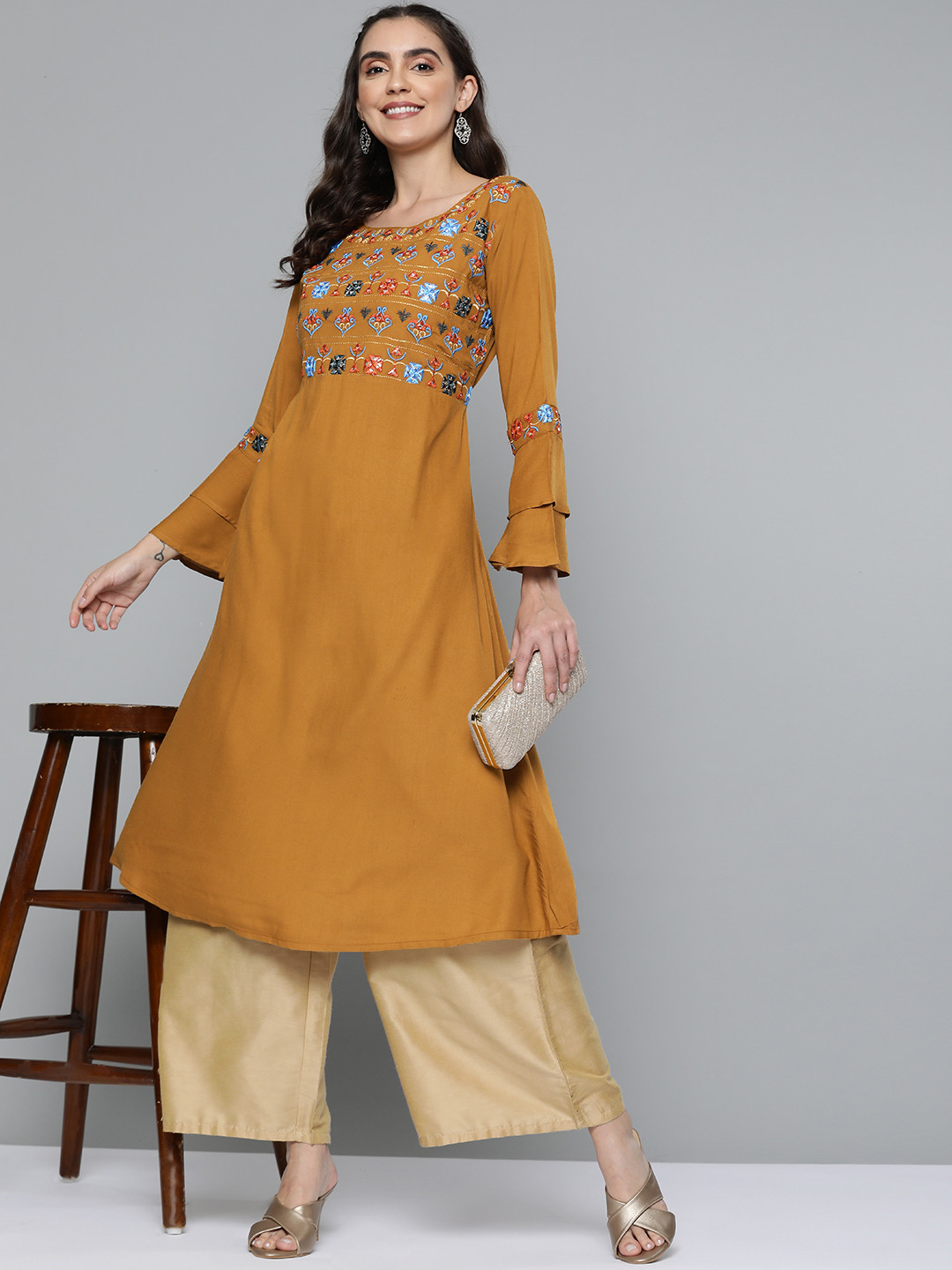 Buy HERE&NOW Women Mustard Brown Embroidered Bell Sleeves Mirror Work