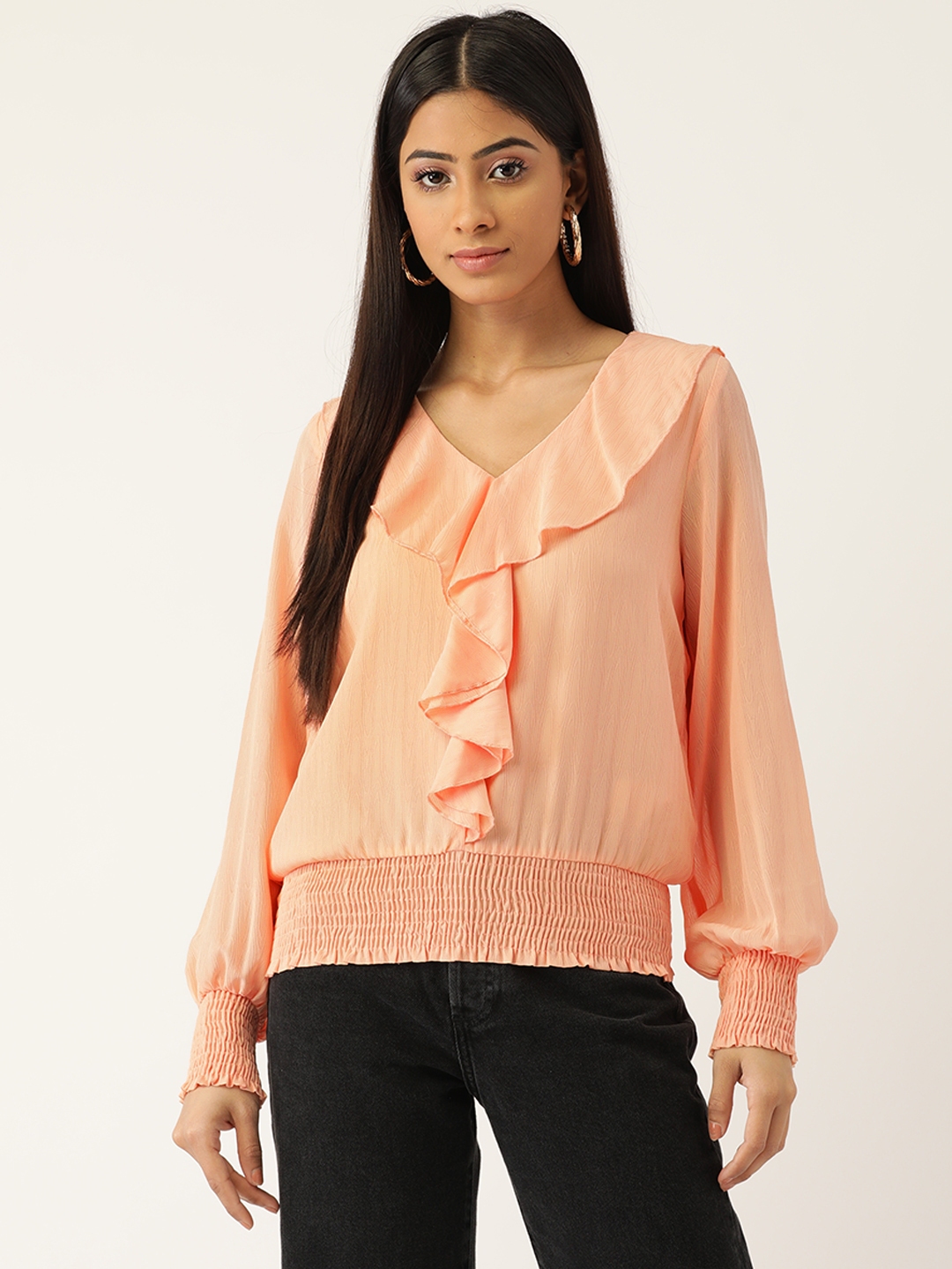Buy Madame Peach Coloured Self Design Ruffled Top - Tops for Women 17040730 | Myntra