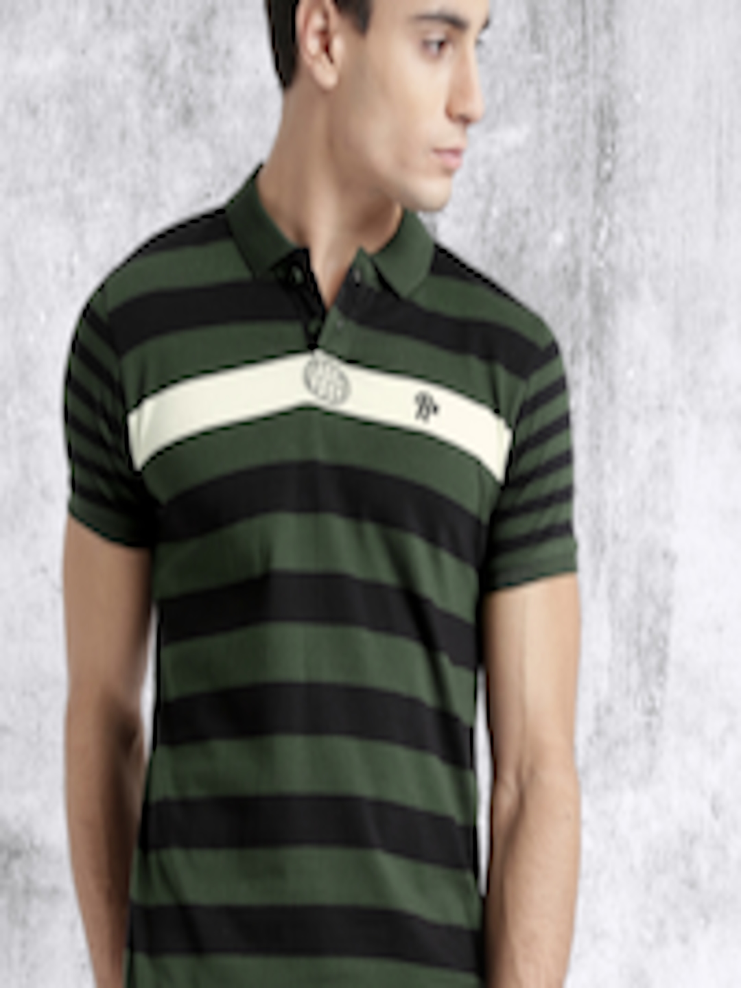 Buy Roadster Men Olive Green Black Striped Polo Collar Pure Cotton T ...