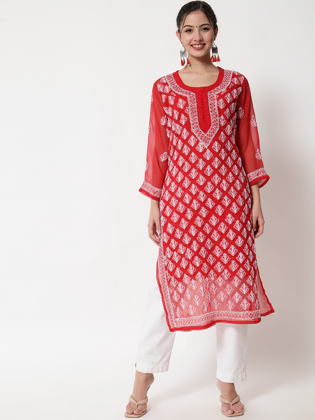 Women Red Ethnic Motifs Chikankari Kurta with Palazzos