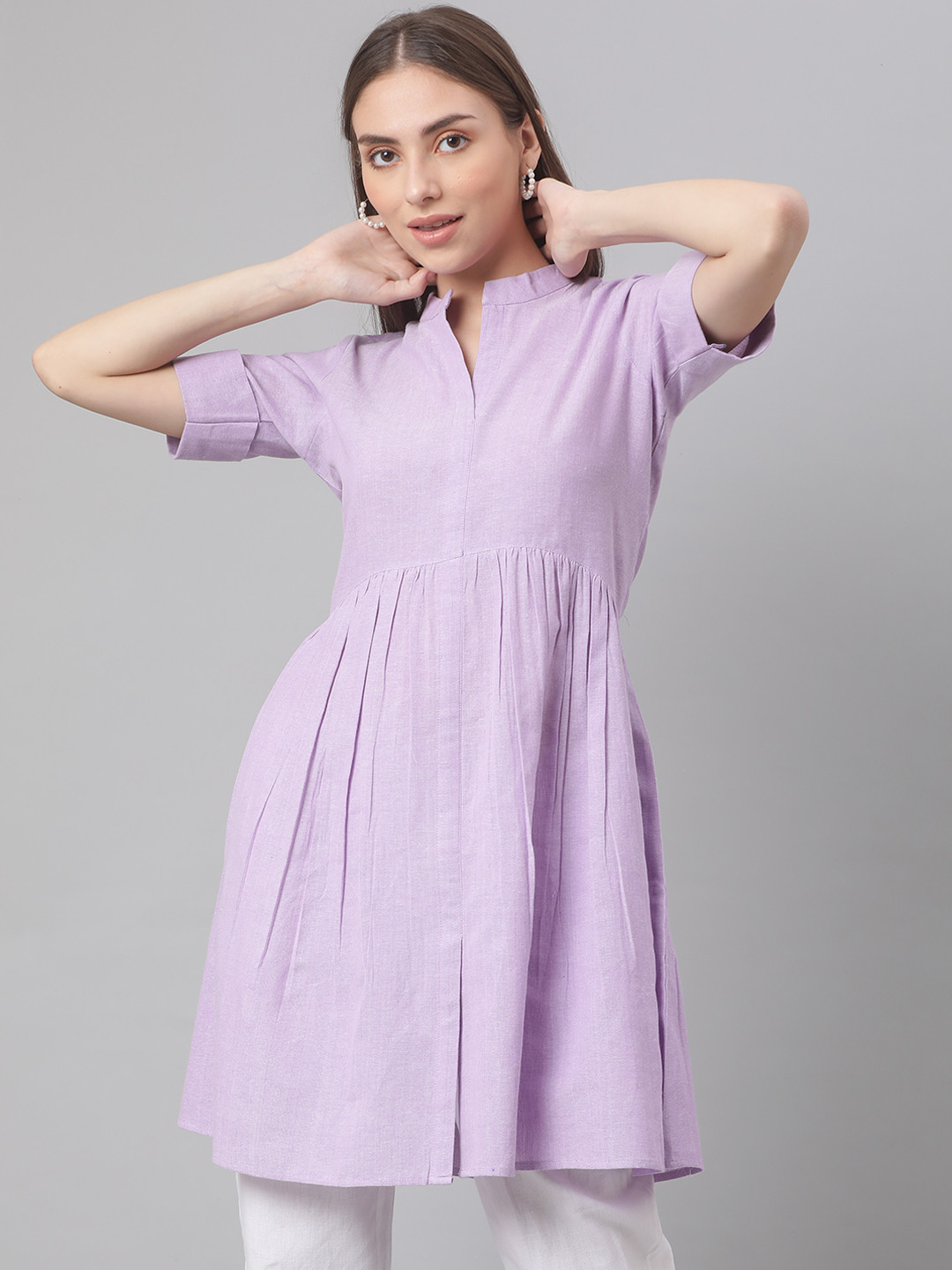Buy MBE Lavender Mandarin Collar Cotton Tunic Tunics for Women