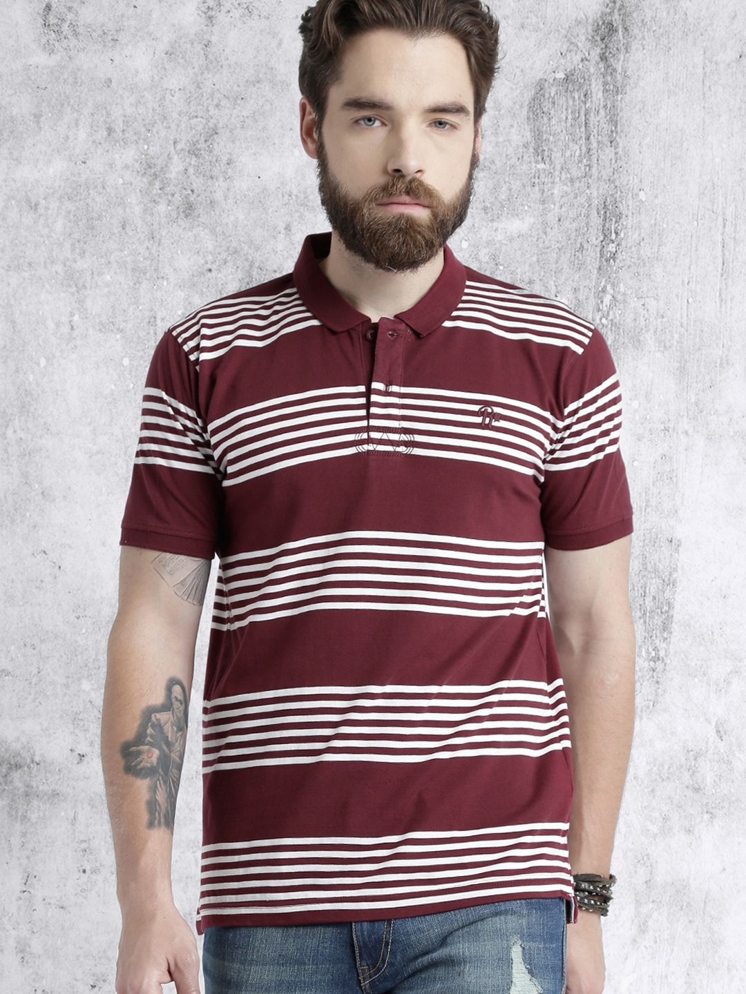 Buy Roadster Men Burgundy White Striped Polo Collar Pure Cotton T Shirt Tshirts For Men