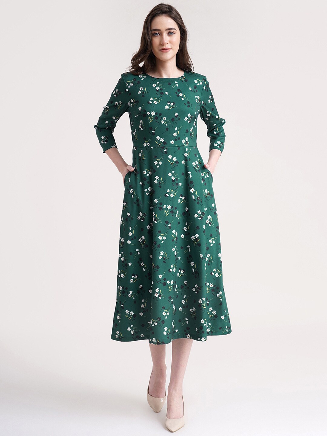 Buy FableStreet Green Floral A Line Midi Dress - Dresses for Women ...