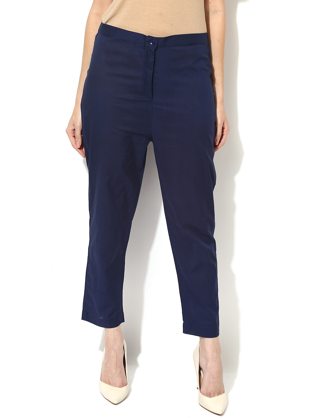 Buy AKS Women Navy Slim Fit Flat Front Trousers Trousers for Women