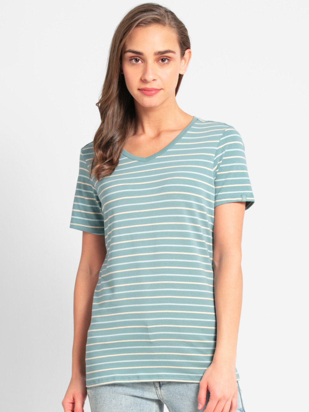 Buy Jockey Women Green & White Striped V Neck Longline T Shirt