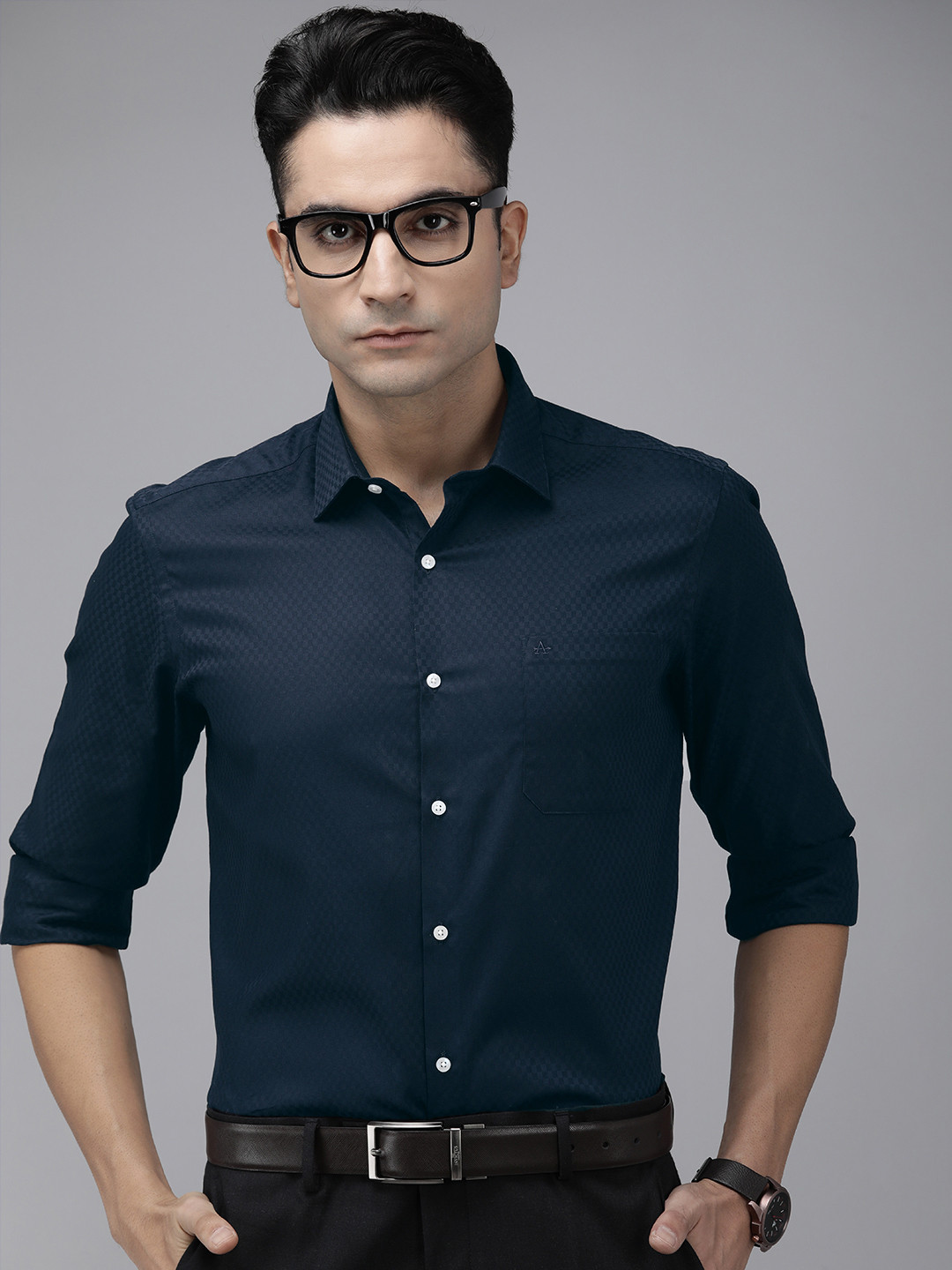 Buy Arrow Men Navy Blue Originals Slim Fit Self Checked Pure Cotton