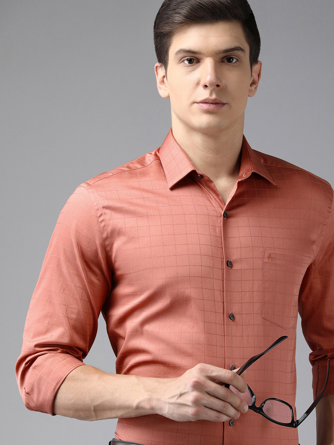 Buy Arrow Men Peach Coloured Original Slim Fit Windowpane Checked