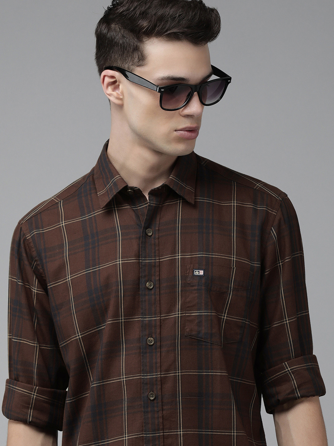 Buy Arrow Sport Men Brown Original Slim Fit Checked Pure Cotton Casual