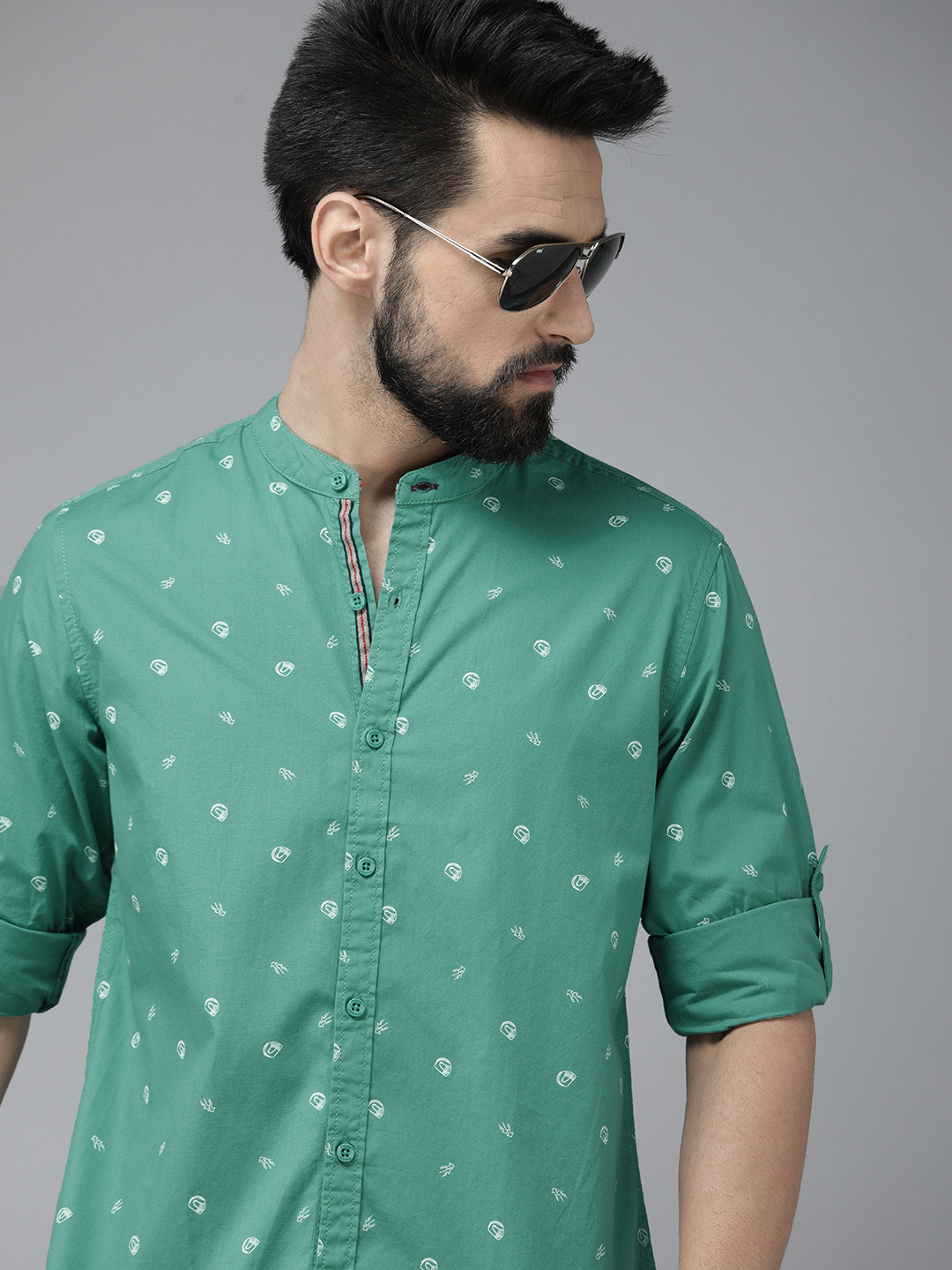Buy The Roadster Lifestyle Co. Men Sea Green Printed Slim Fit Pure