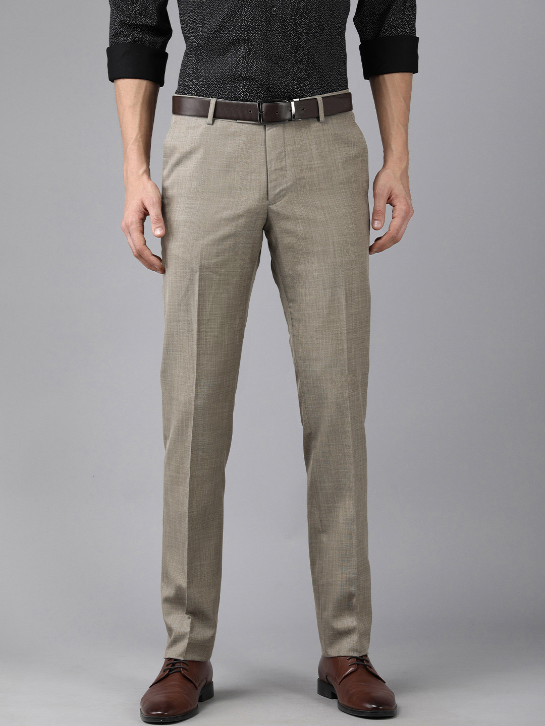 Buy Arrow Men Grey Self Designed Mid Rise Formal Tailored Trousers ...