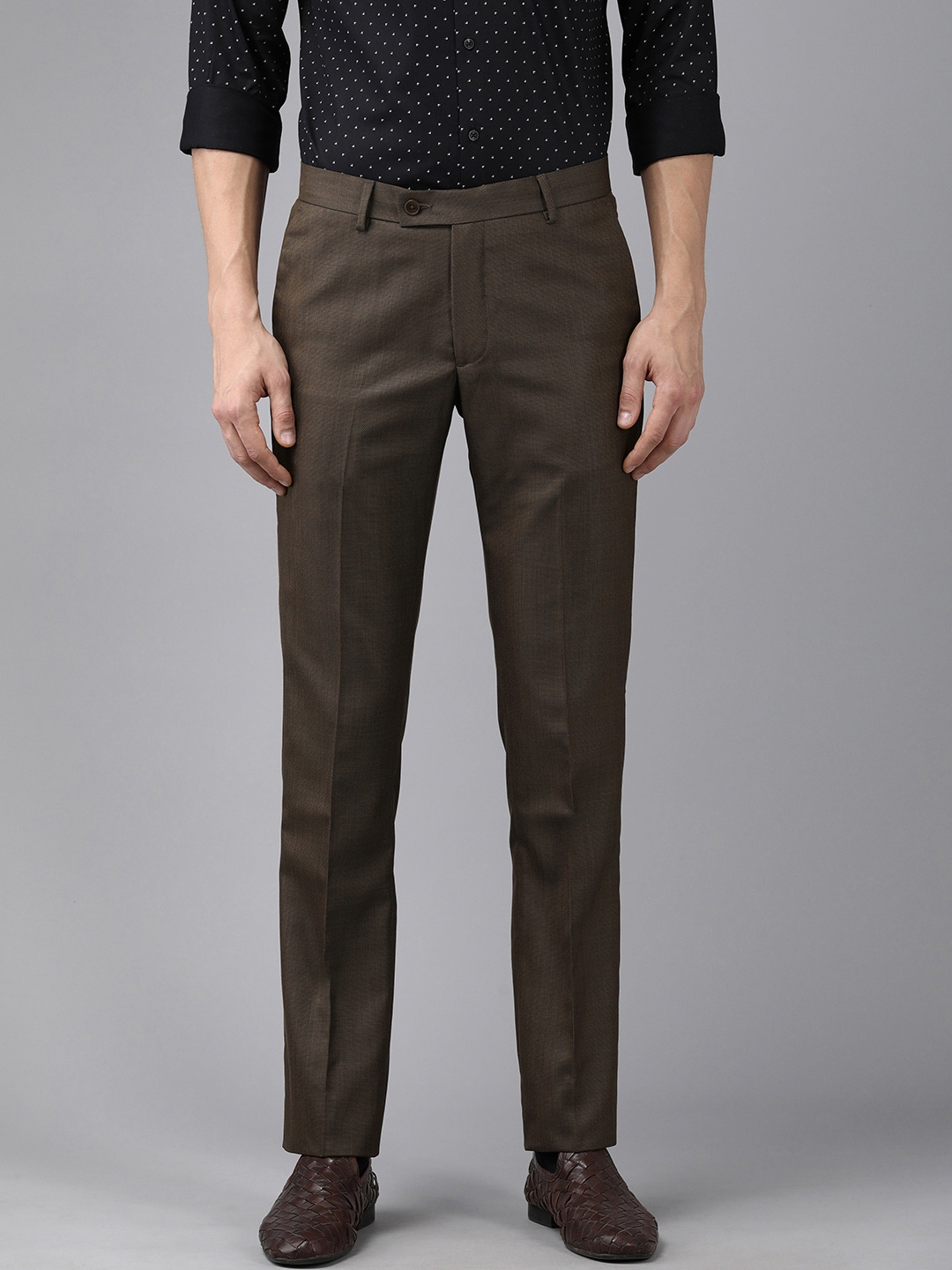 Buy Arrow Men Brown Textured Mid Rise Tailored Fit Formal Trousers ...