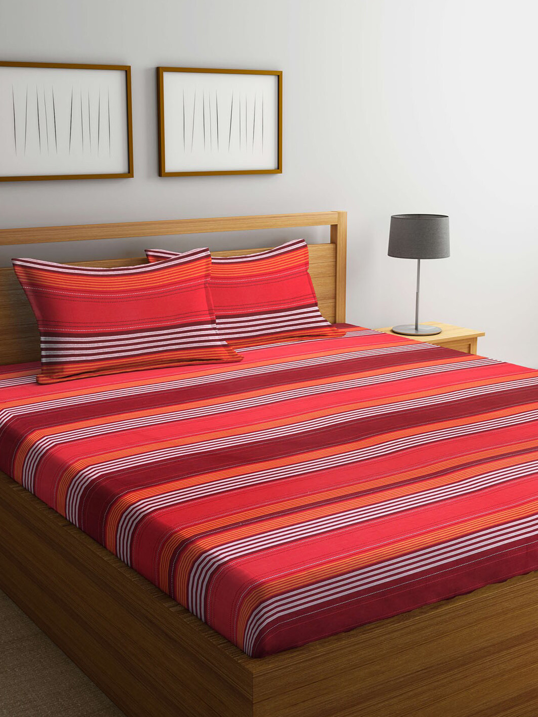 Buy SHADES Of LIFE Brown & Orange Striped 200 TC Queen Bedsheet With 2